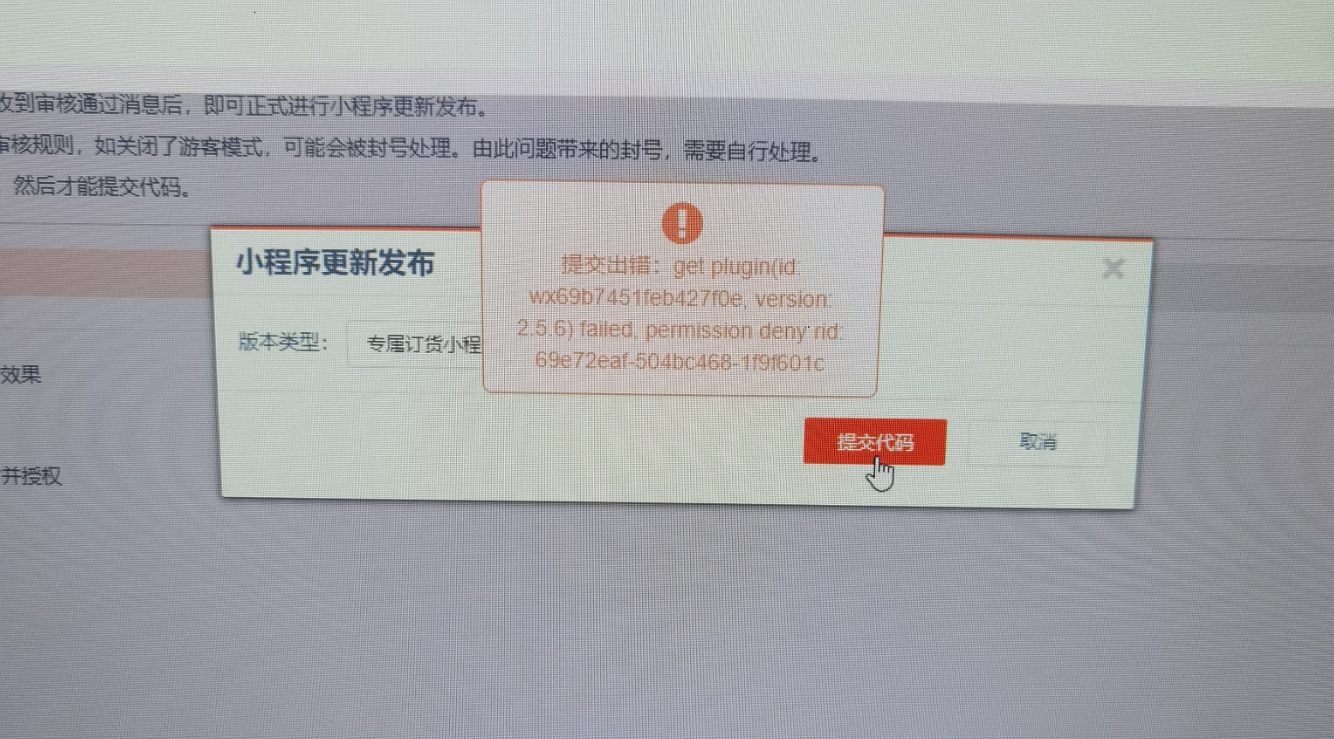 小程序提交审核报错，如图，该怎么处理？ 操作截图