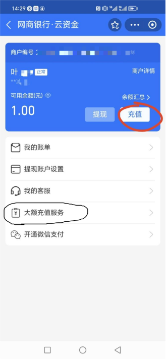 云资金余额怎么操作充值？ 操作截图